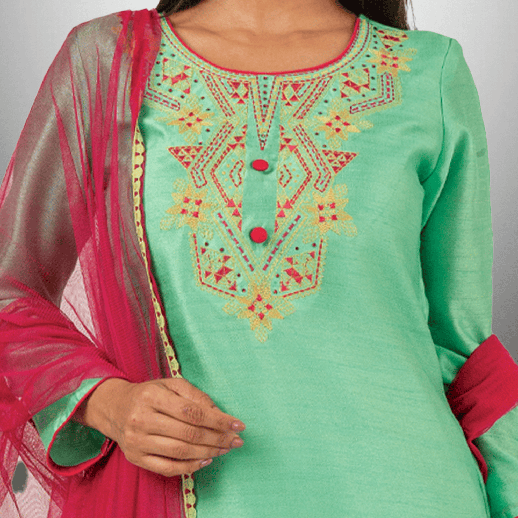 Women's Pista Green Kurti with Front Embroidery with Pant and  Contrast Dupatta-RWKS096