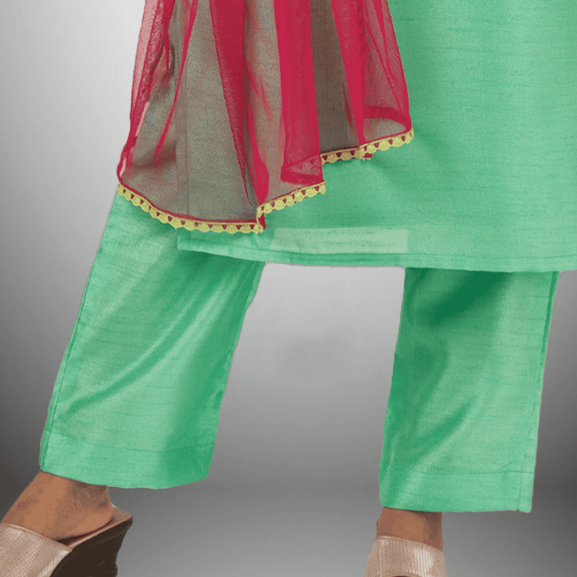 Women's Pista Green Kurti with Front Embroidery with Pant and  Contrast Dupatta-RWKS096