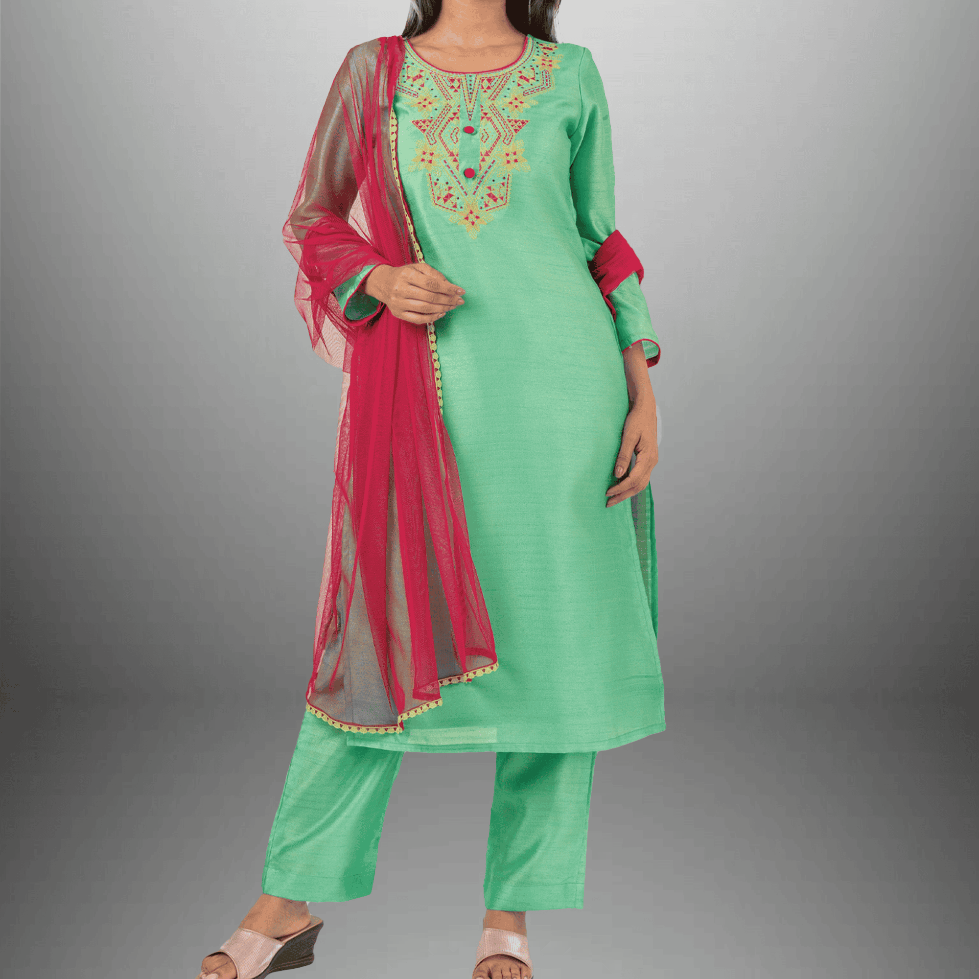 Women's Pista Green Kurti with Front Embroidery with Pant and  Contrast Dupatta-RWKS096