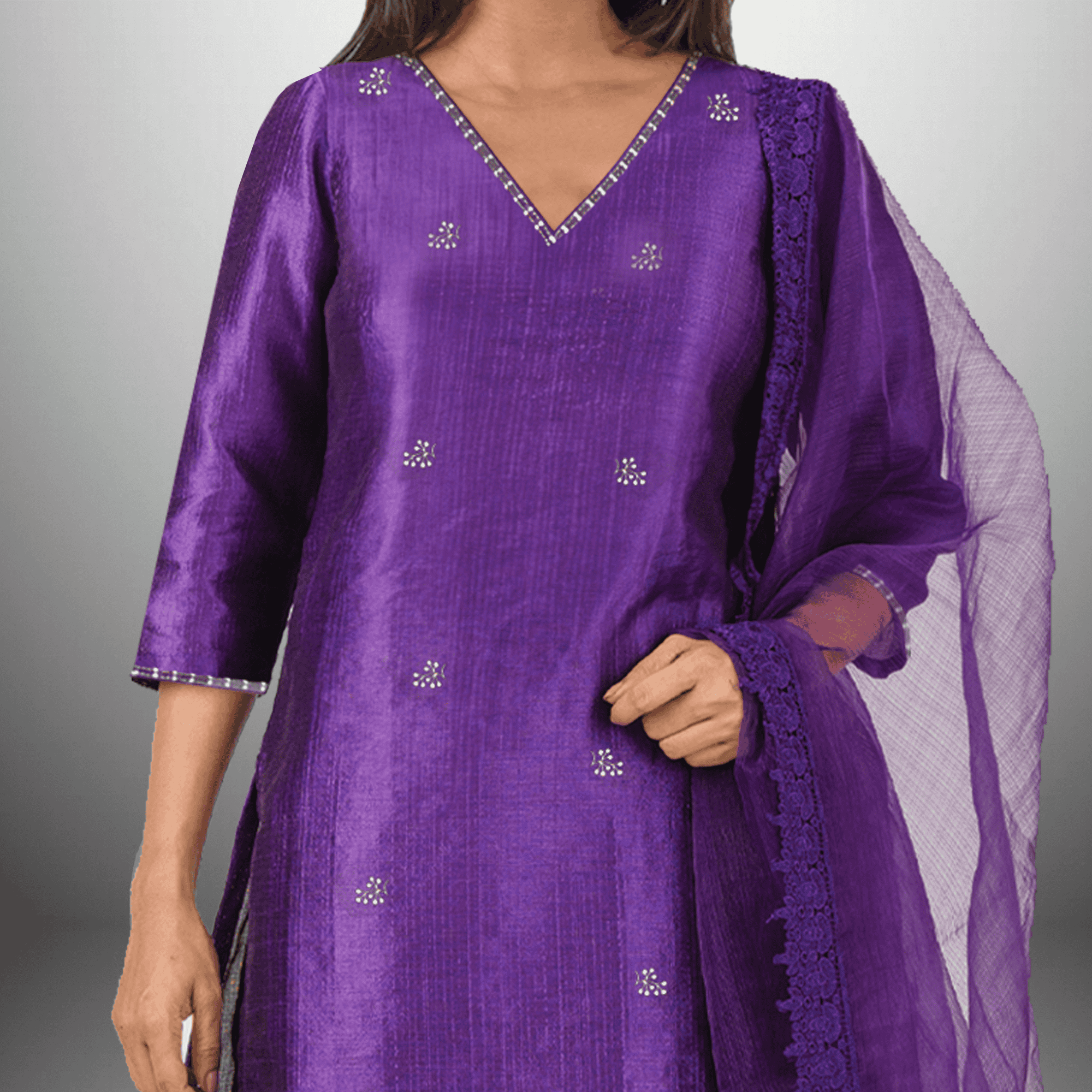 Women's Purple Kurti With Neckline lace work and Butta embroidery Along with Pant and Lace embellished Dupatta - RWKS102