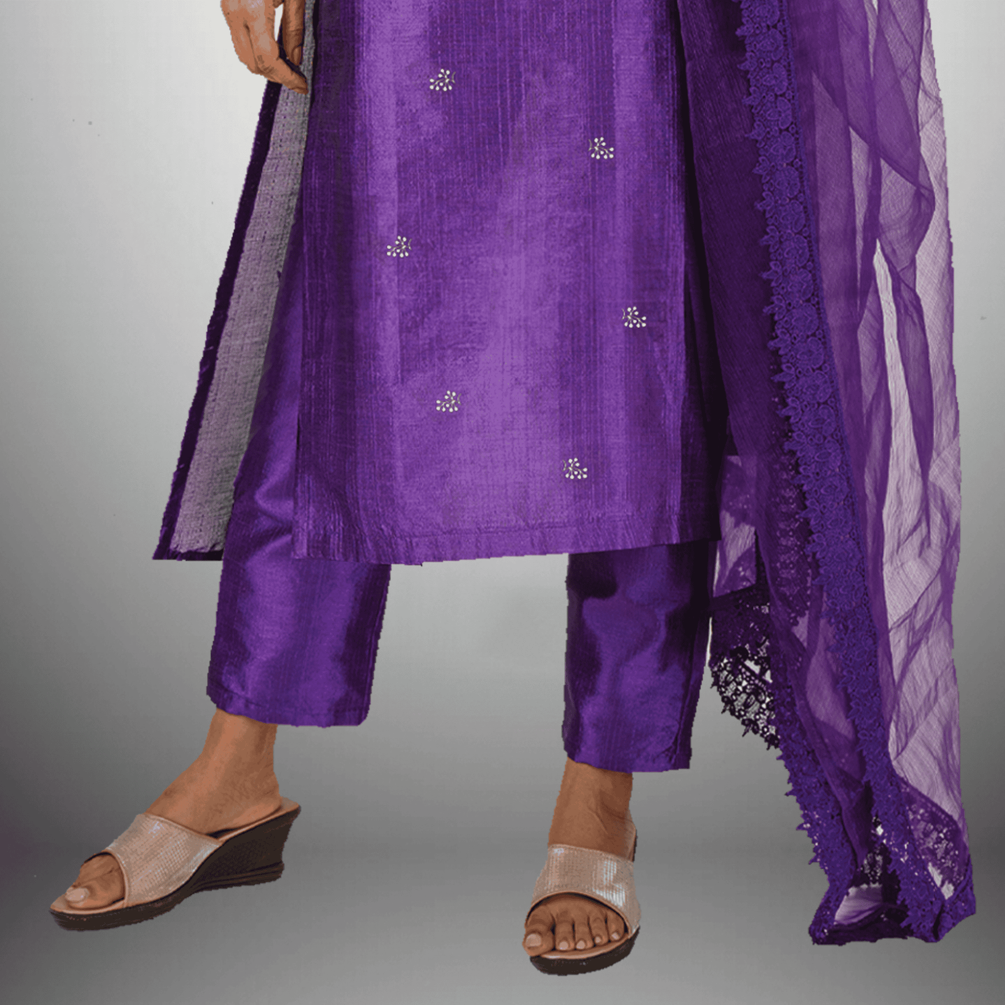 Women's Purple Kurti With Neckline lace work and Butta embroidery Along with Pant and Lace embellished Dupatta - RWKS102