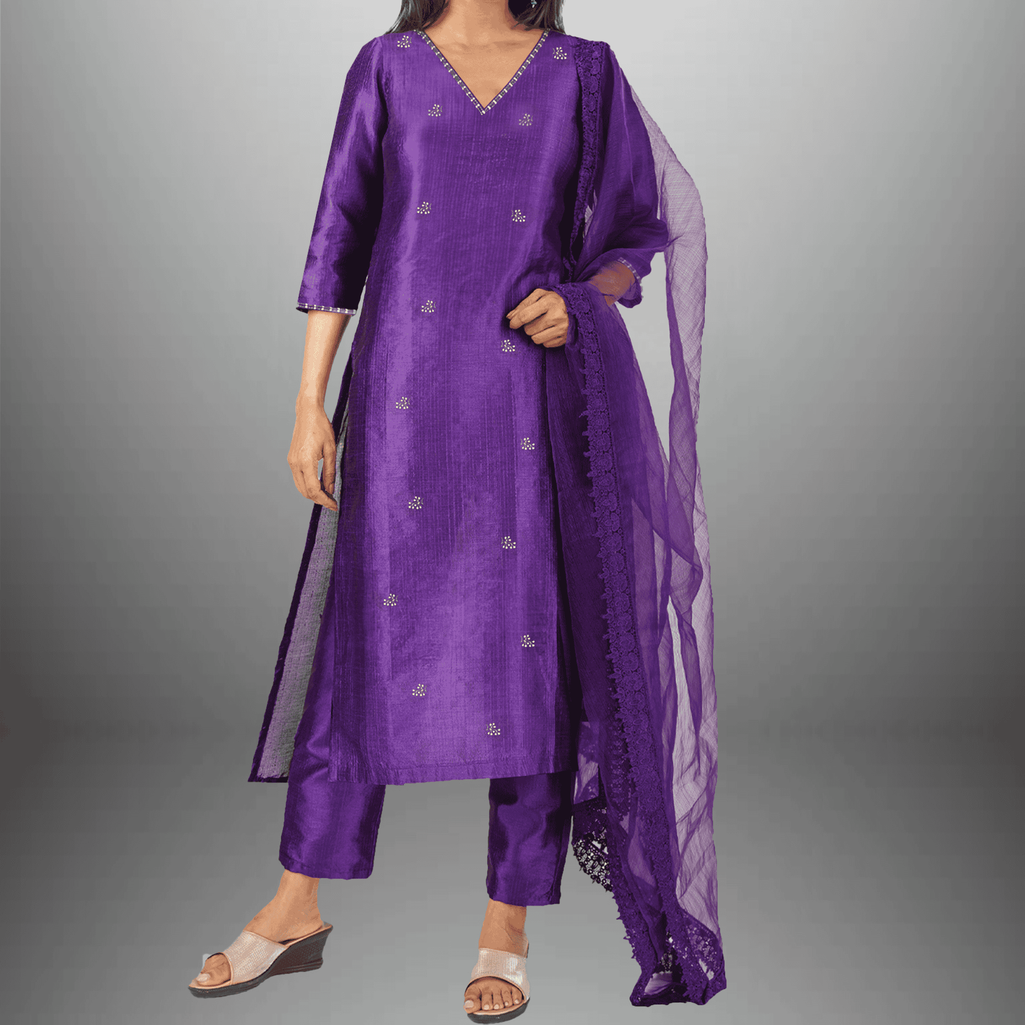 Women's Purple Kurti With Neckline lace work and Butta embroidery Along with Pant and Lace embellished Dupatta - RWKS102