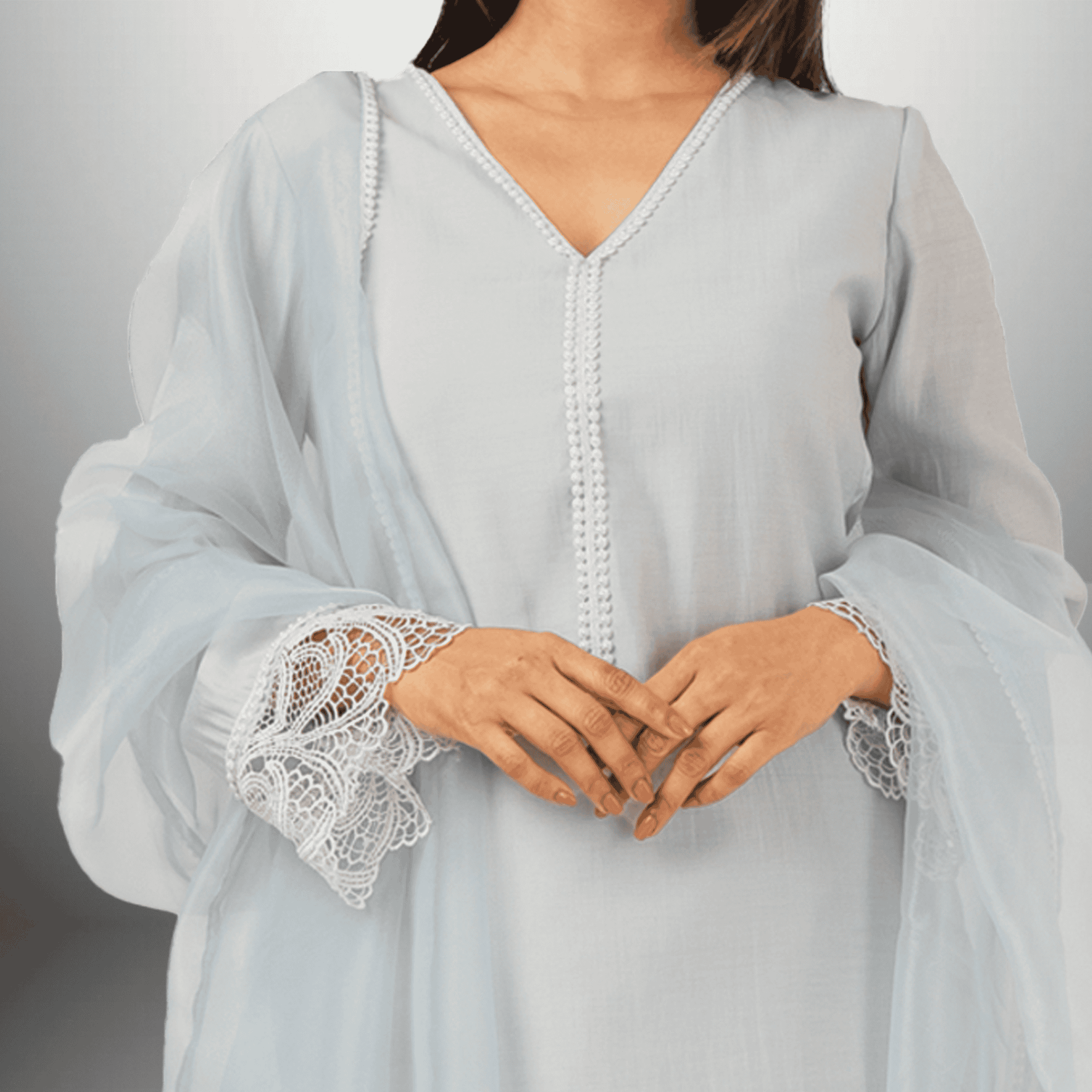 Women's Sky Gray  Front Pearl Embellished kurti with Sleeve laces And Bottom and Dupatta-RWKS099