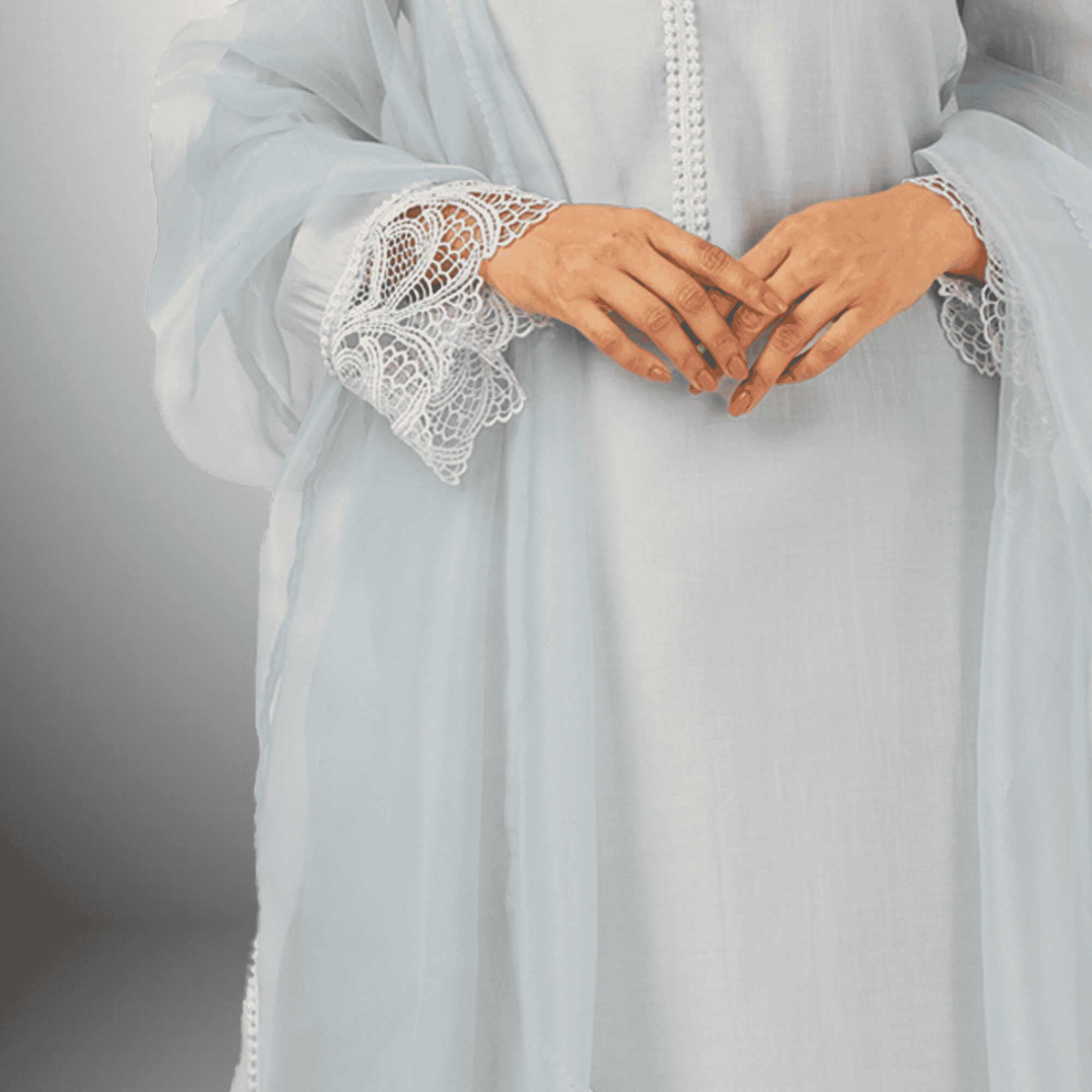 Women's Sky Gray  Front Pearl Embellished kurti with Sleeve laces And Bottom and Dupatta-RWKS099