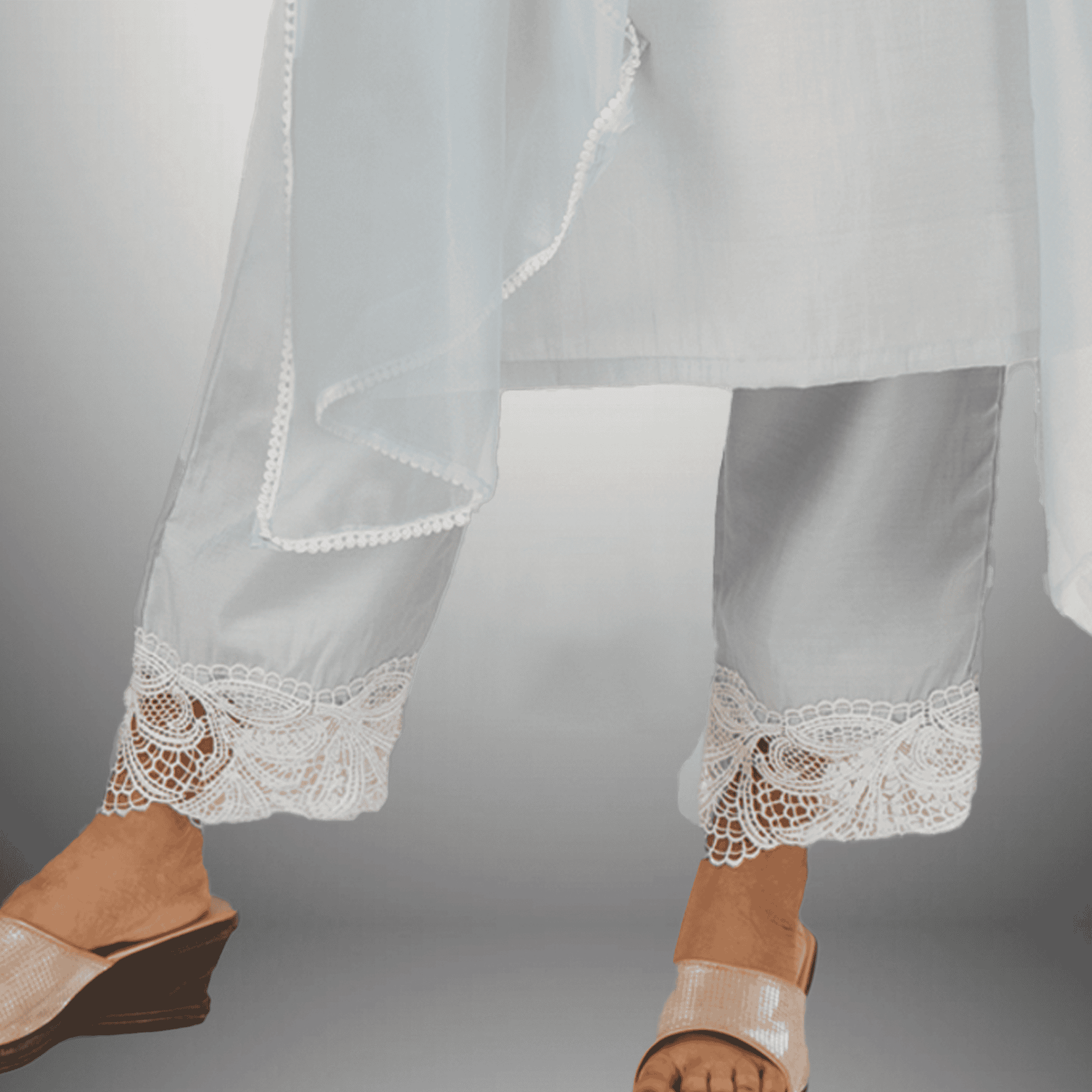 Women's Sky Gray  Front Pearl Embellished kurti with Sleeve laces And Bottom and Dupatta-RWKS099