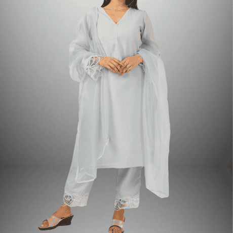 Women's Sky Gray  Front Pearl Embellished kurti with Sleeve laces And Bottom and Dupatta-RWKS099