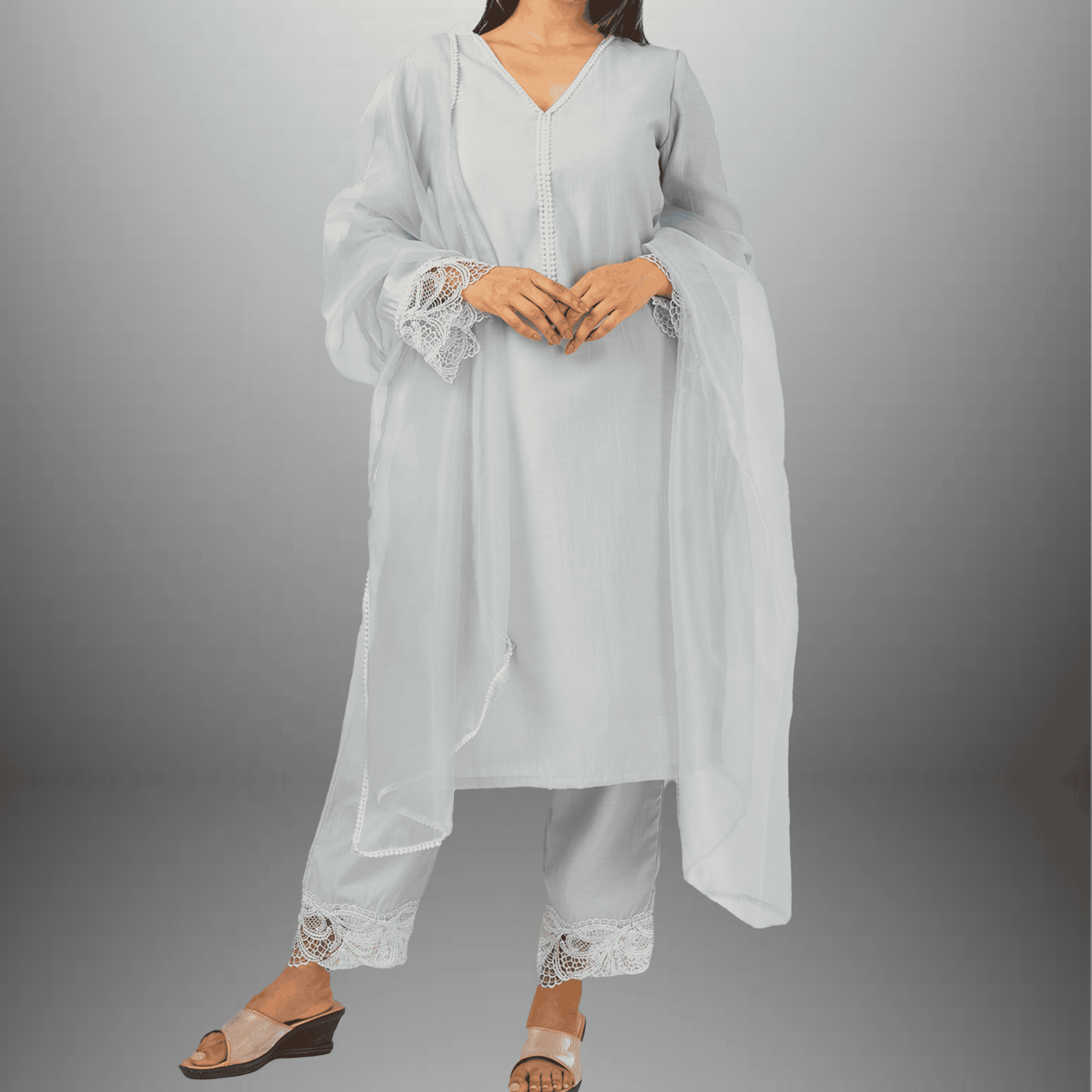 Women's Sky Gray  Front Pearl Embellished kurti with Sleeve laces And Bottom and Dupatta-RWKS099