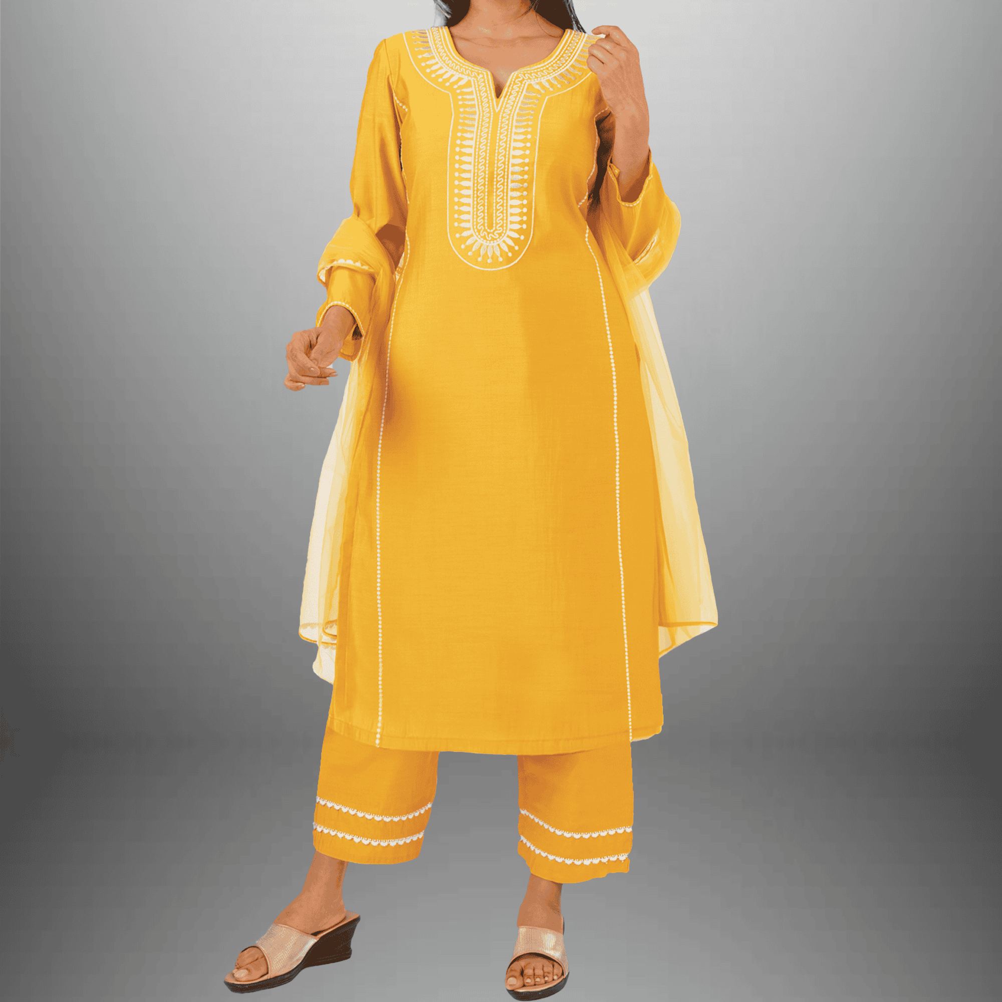 Women's Yellow Kurti With Front Embroidery with Bottom and Dupatta-RWKS098