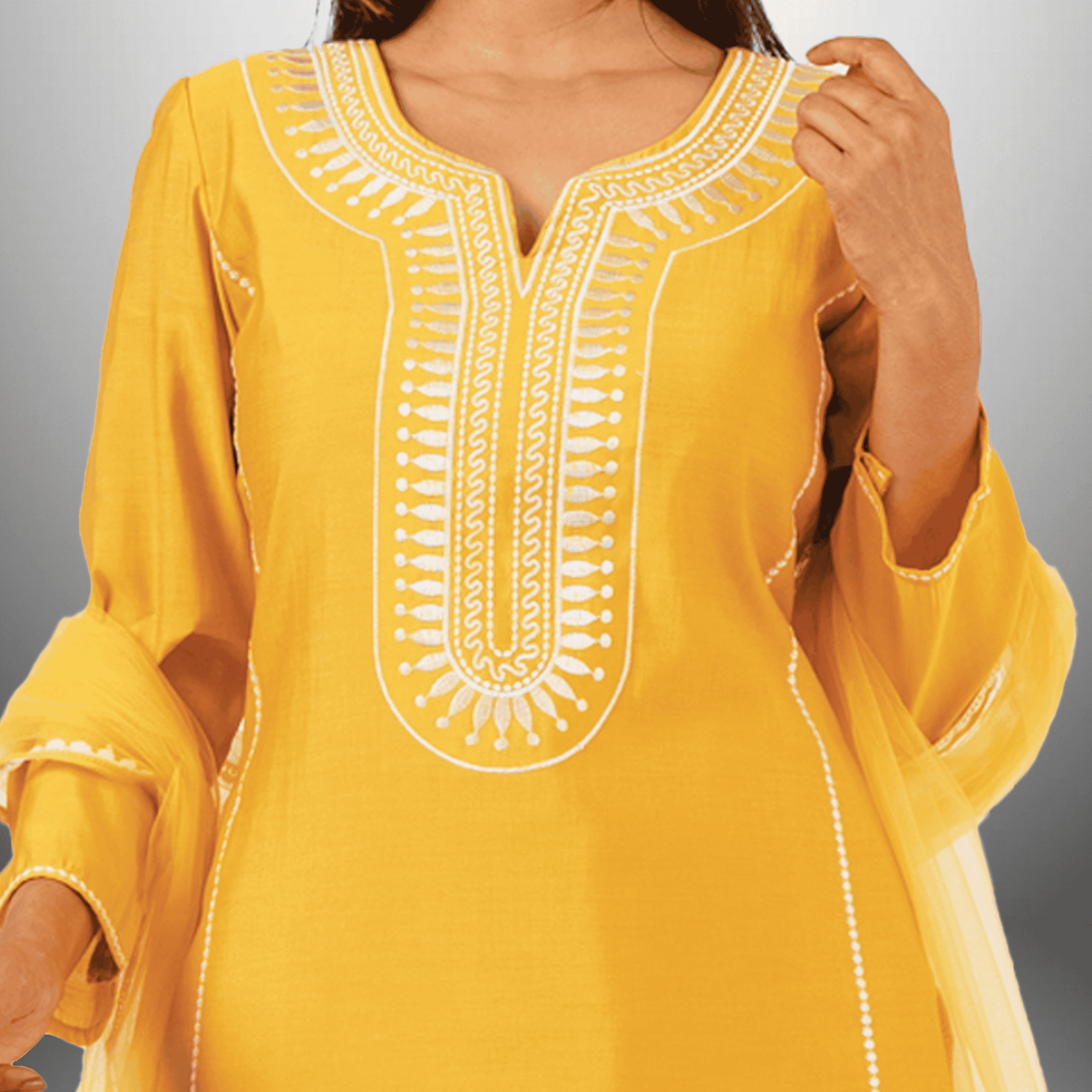 Women's Yellow Kurti With Front Embroidery with Bottom and Dupatta-RWKS098