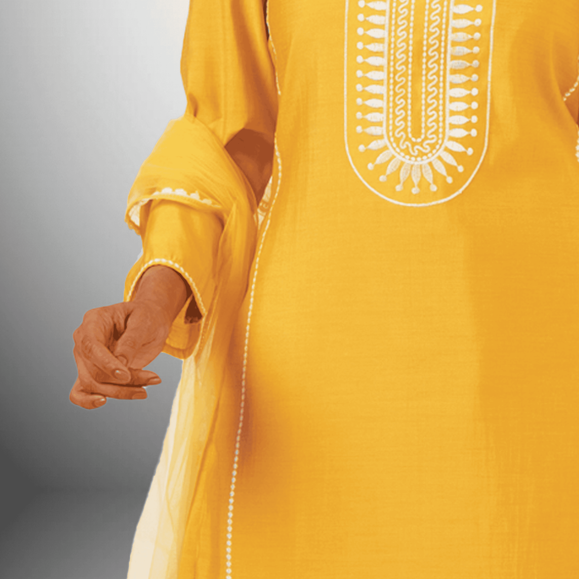 Women's Yellow Kurti With Front Embroidery with Bottom and Dupatta-RWKS098