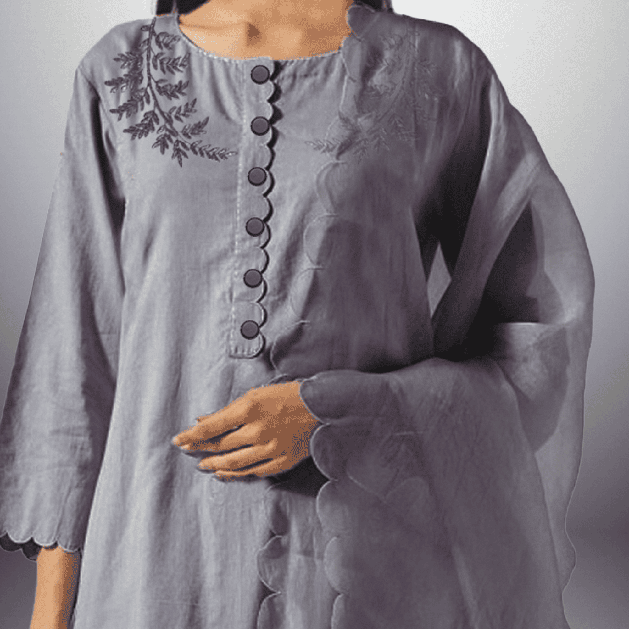 Women's lavender Calf length Kurti with Front embroidery and Scalloped dupatta with Pant-RWKS093