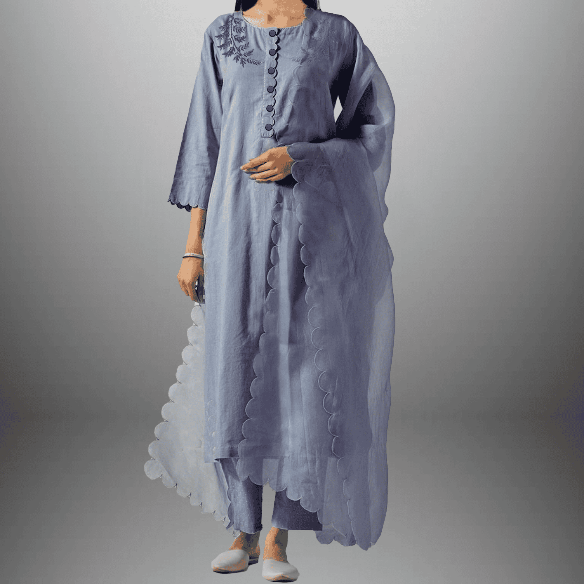 Women's lavender Calf length Kurti with Front embroidery and Scalloped dupatta with Pant-RWKS093