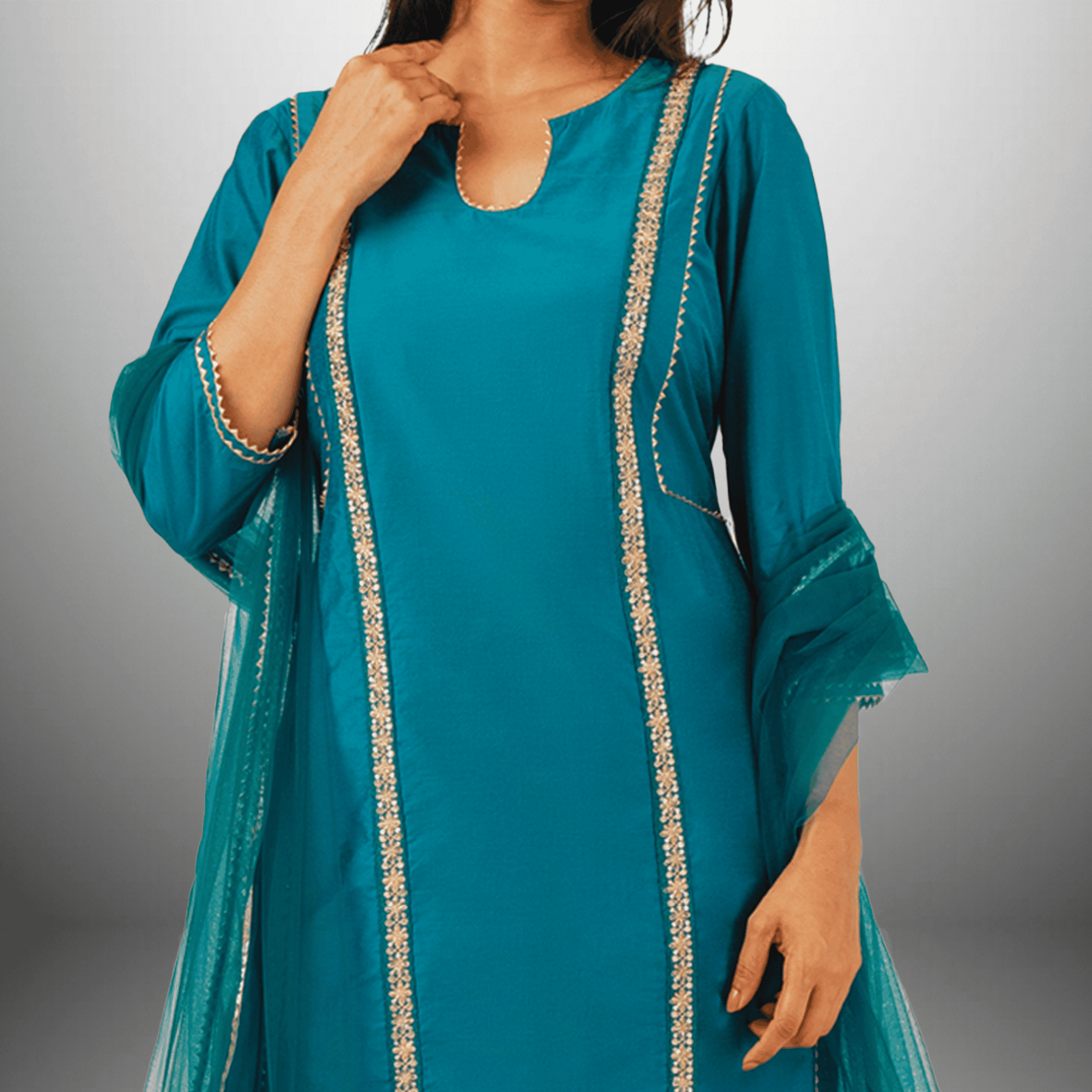Women's peacock Blue Kurti with embellished front with Bottom and Dupatta-RWKS095