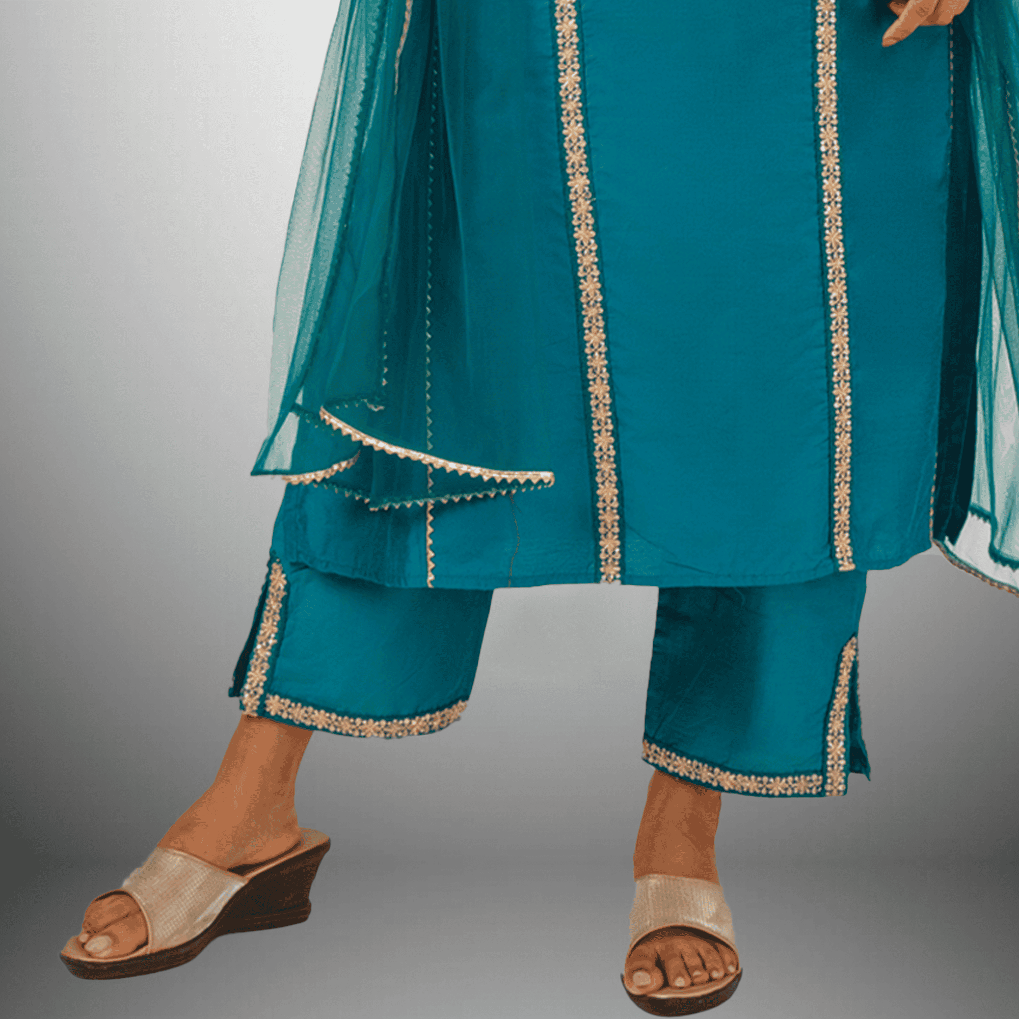Women's peacock Blue Kurti with embellished front with Bottom and Dupatta-RWKS095