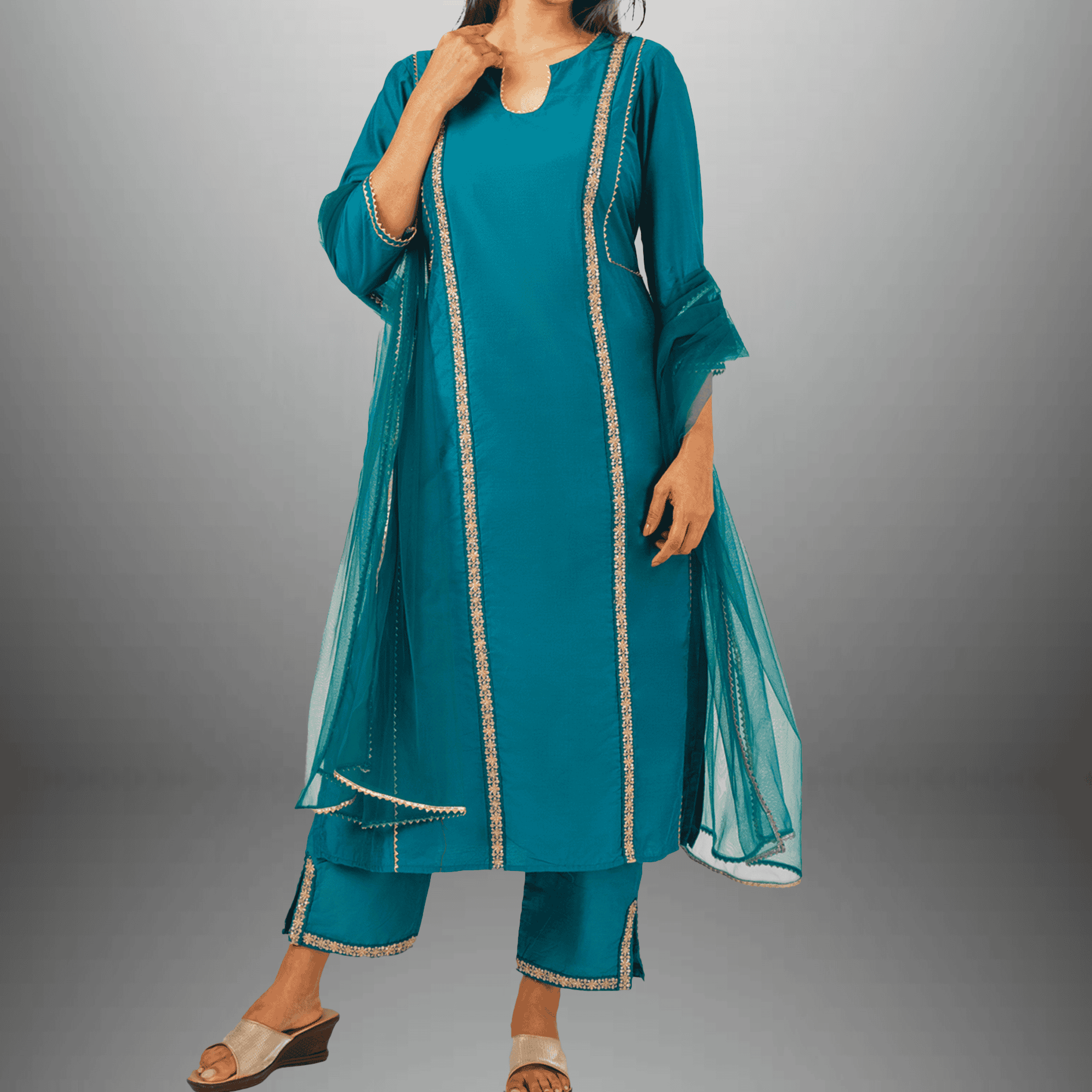 Women's peacock Blue Kurti with embellished front with Bottom and Dupatta-RWKS095
