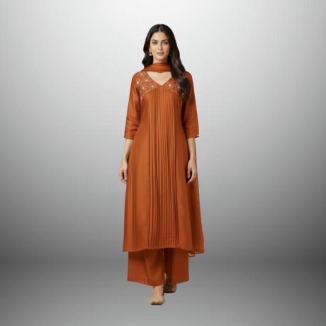 Women's 3 Piece Embroidered Kurta Set Rust Color - RWKS106A