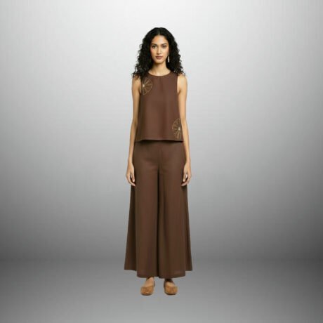 Women’s Brown Sleeveless Embellished Top with Matching Palazzo - RWKS108